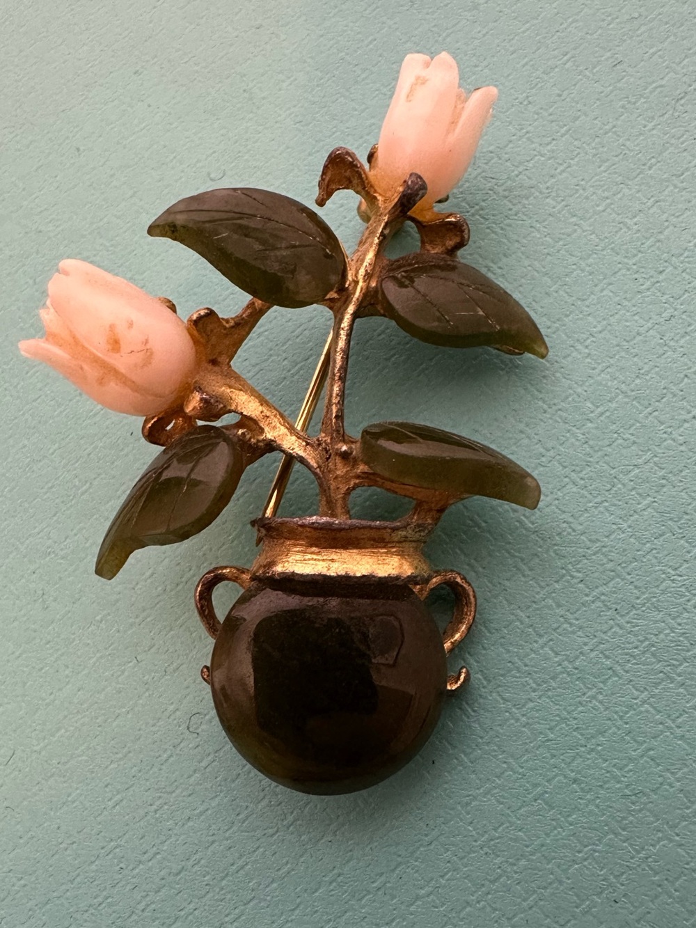 Vintage Carved Jade Coral Swoboda Floral Brooch